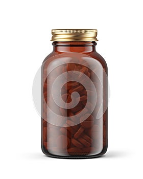 Glass bottle with round pills isolated on white background. Medical, cosmetic mockup