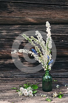 A glass bottle with spring flowers on the background of the wall of a village house