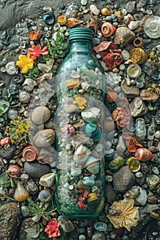Glass bottle in stones for recycling
