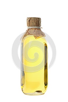 Glass bottle of sunflower oil isolated on background