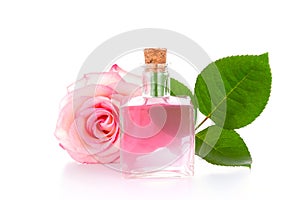 Glass bottle with transparent liquid, pink rose and green leaf