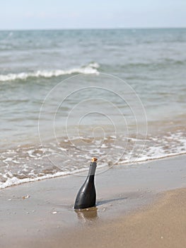 glass bottle  transported from the waves to the shore