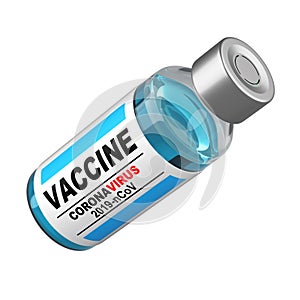 Glass bottle with vaccine antiviral against coronavirus COVID-19. Remedy against the pandemic