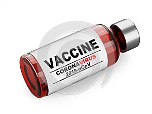 Glass bottle with vaccine antiviral against coronavirus COVID-19. Remedy against the pandemic