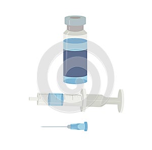 Glass bottle with vaccine, medicinal preparation in liquid form. disposable syringe and needle. Vector stock illustration 