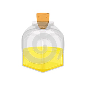 Glass bottle of vegetable food oil, organic healthy oil product cartoon vector Illustration