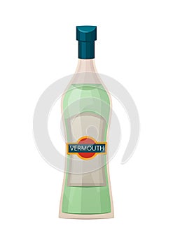 Glass bottle of vermouth on white background