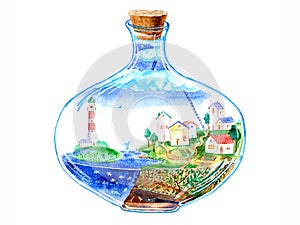 Glass bottle with a village inside.