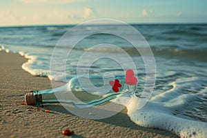 A glass bottle washed up on the sandy beach with a rolled-up message inside