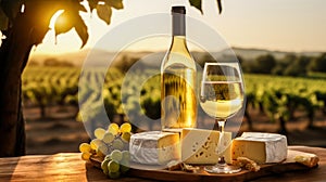 Glass and bottle of white wine with cheese on wooden table on landscape background of vineyard. Served outside at sunset