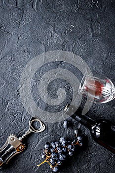 Glass bottle of wine with grapes on stone top view mock up