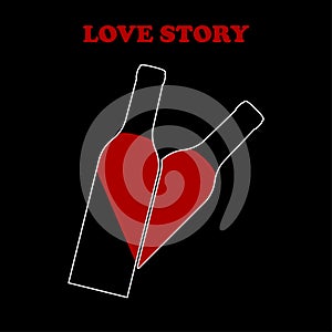 Glass bottle of wine with heartshape isolated on background. Love story. Valentine Day. Logo for restaurant menu. Vector flat