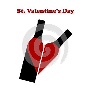 Glass bottle of wine with heartshape isolated on white background. Love story. Valentine Day. Logo for restaurant menu. Vector