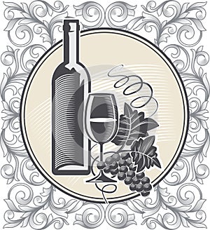 Glass and bottle of wine on vintage decorative background
