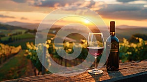 Glass and bottle of wine on a wooden foreground with a vineyard behind in the distance