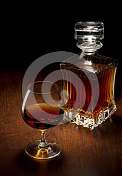 Glass and bottle on a wooden table