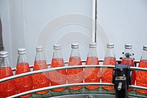 Glass bottled red juice on steel conveyor of production line in beverage processing factory