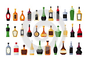 Glass bottles. Alcohol drinks. Bar collection. Liquor and wine. Whiskey or rum. Liquid products packaging. Glassware