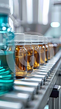 Glass bottles on automated conveyor line in pharmaceutical manufacturing setting