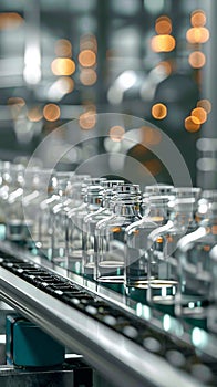 Glass bottles on automated conveyor line in pharmaceutical manufacturing setting