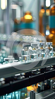 Glass bottles on automated conveyor line in pharmaceutical manufacturing setting