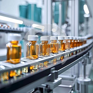Glass bottles on automated conveyor line in pharmaceutical manufacturing setting