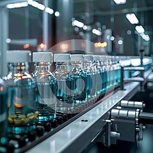 Glass bottles on automated conveyor line in pharmaceutical manufacturing setting