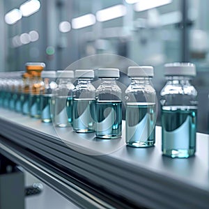 Glass bottles on automated conveyor line in pharmaceutical manufacturing setting