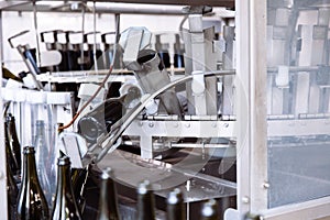 Glass bottles on the automatic conveyor line at the champagne or wine factory. Plant for bottling alcoholic beverages.