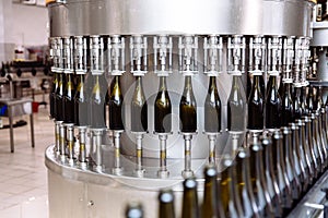 Glass bottles on the automatic conveyor line at the champagne or wine factory. Plant for bottling alcoholic beverages.