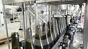 Glass bottles on the automatic conveyor line at the champagne or wine factory. Plant for bottling alcoholic beverages.