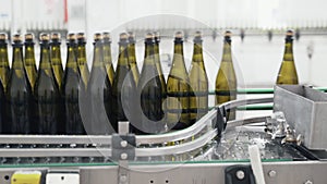 Glass bottles on the automatic conveyor line at the champagne or wine factory. Plant for bottling alcoholic beverages.