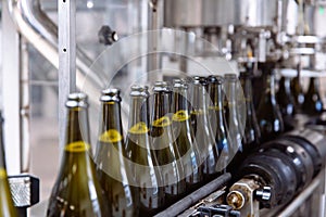 Glass bottles on the automatic conveyor line at the champagne or wine factory. Plant for bottling alcoholic beverages.