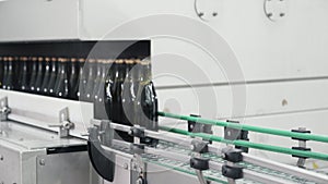 Glass bottles on the automatic conveyor line at the champagne or wine factory. Plant for bottling alcoholic beverages.