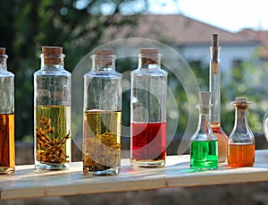 glass bottles with colored liquid inside used as an elixir of lo