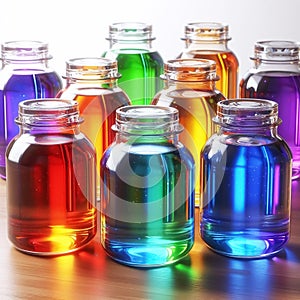 Glass bottles with colored liquids isolated on white background. AI generated