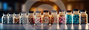 Glass bottles with colorful medicine. Liquid potions and candy in jars. Medical dose medication.