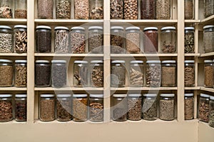 Glass bottles with colorful spices on the shelfs