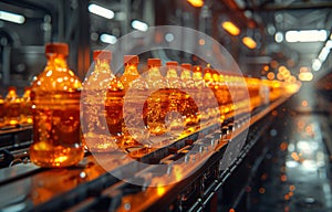 Glass bottles on the conveyor belt in the brewery