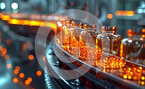 Glass bottles on the conveyor belt in the production line