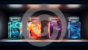 Glass bottles on cupboard containing mysterious liquid potion in different dramatic colors. Concept of magic, mystery and sorcery