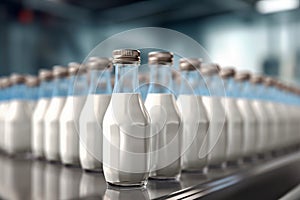 Glass bottles with a dairy product on a production line, close-up. Dairy plant production line.