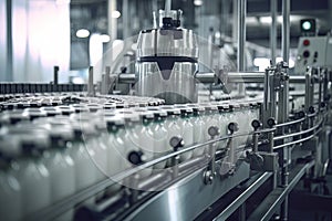 Glass bottles with a dairy product on a production line. Dairy plant production line. Generative AI