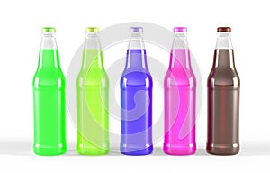 Glass bottles with different fruit juice, soda or lemonade. Realistic set of soft drinks with blueberry, raspberry, cola