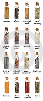 Glass bottles with different spices and herbs