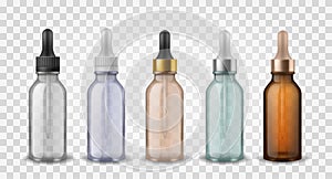 Glass bottles with dropper. 3d realistic cosmetic blank vials for essential oil liquid, collagen serum vector mockup