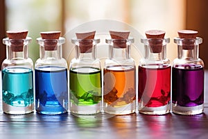 glass bottles filled with different-colored synthesized aromas photo
