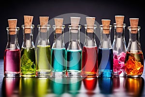 glass bottles filled with different-colored synthesized aromas photo