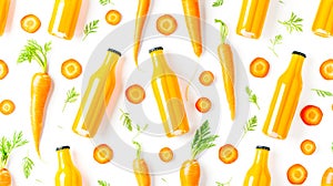 Glass bottles with fresh carrot juice on white background with natural young carrots