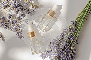 Glass bottles with lavender essential oil. Composition with lavender flowers